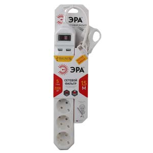 USF-5es-1.5m-USB-W Сетевой фильтр ЭРА (белый) с заземл, 3x0,75мм2, с выкл, 5гн+2USB, 1.5м - купить в Астане